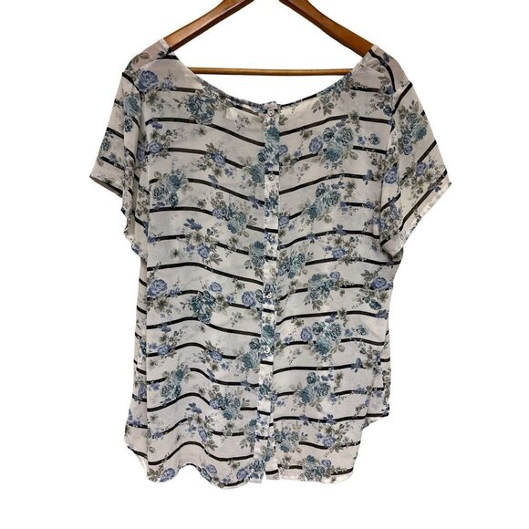 Torrid Floral Striped Open Button Back Blouse Black White Semi Sheer Women's 2X - Picture 4 of 10